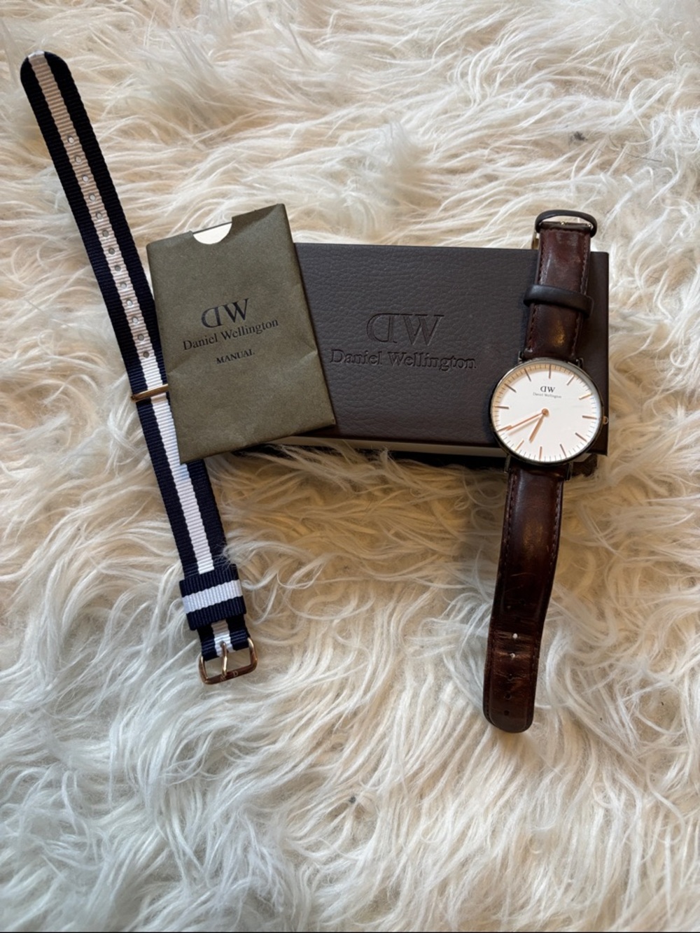 Daniel Wellington White Dial Watch with Brown Leather Strap and Navy-White NATO